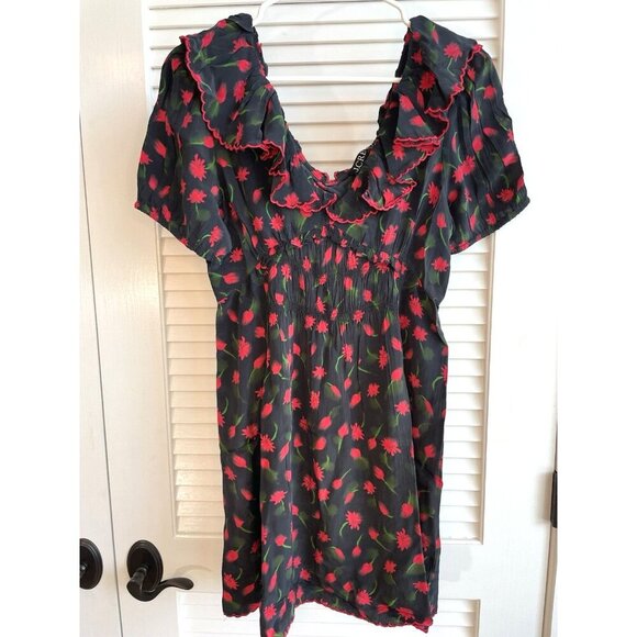 J Crew Ruffle-Collar Mini Dress in Painted Daisy Print Black and Red Sz 10 - Picture 1 of 8